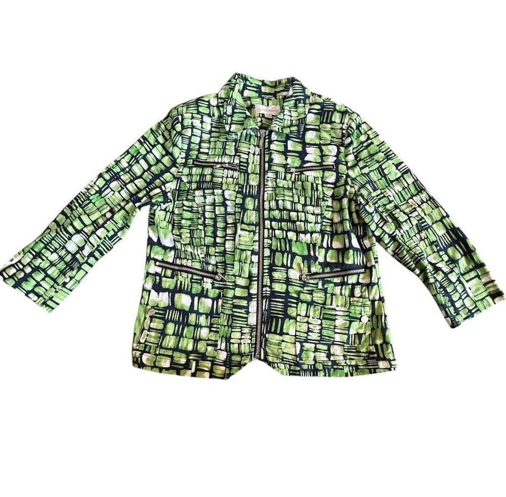 Erin London Green Black Abstract Print Full Zip Utility Jacket Size M
